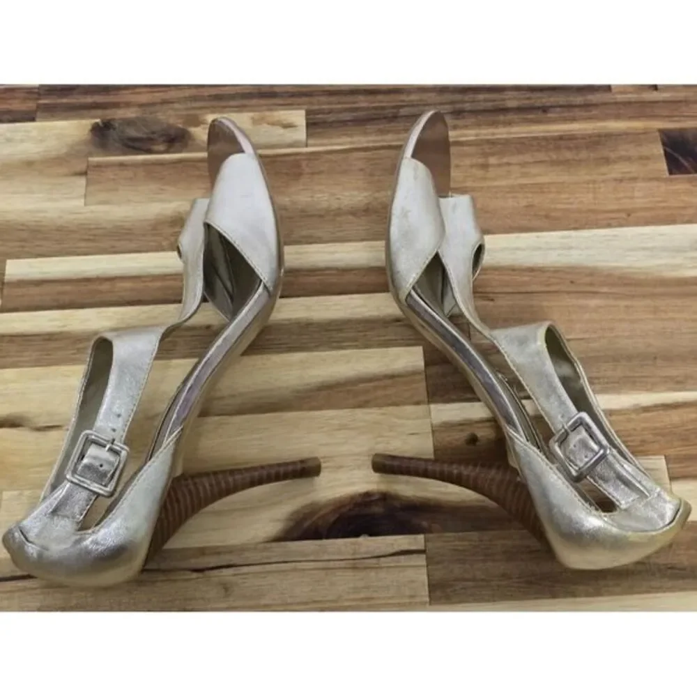 Bandolino Women's Gold Leather Strappy Open Toe Heels Size 9M‎